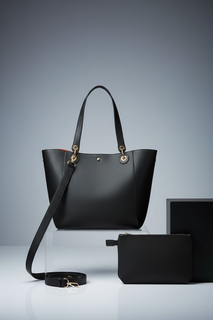 sqlp large designer tote bag on a gray background, highlighting its sleek design and versatility