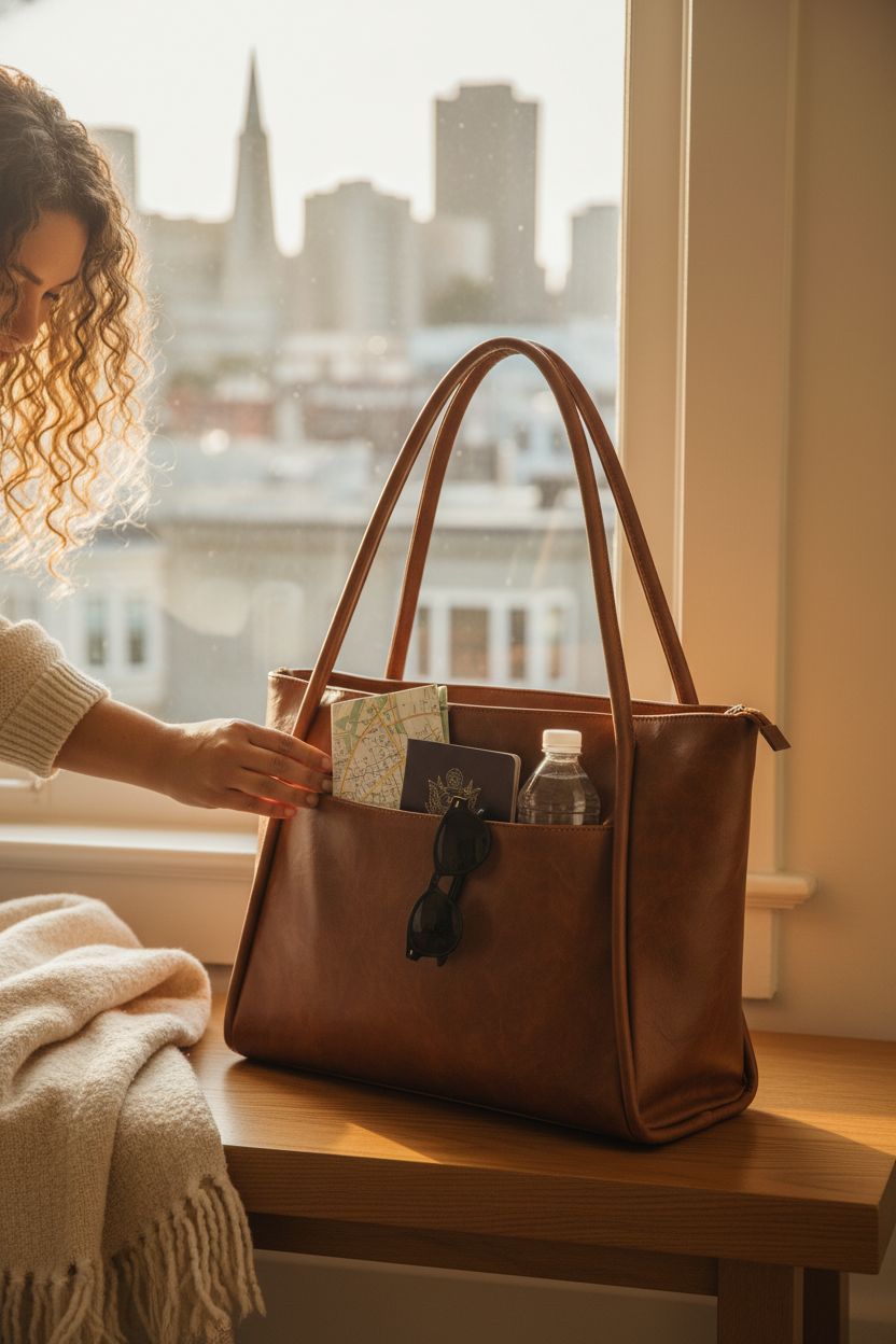 Cozy setting with large brown tote bag, perfect for travel, by Utenwat.