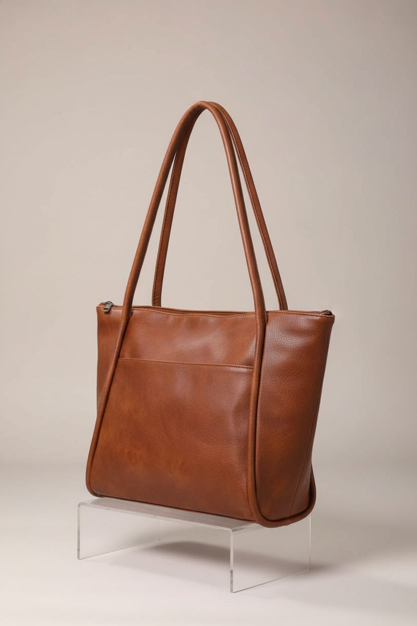 Close-up of large brown vegan leather tote bag showcasing design and craftsmanship by Utenwat.