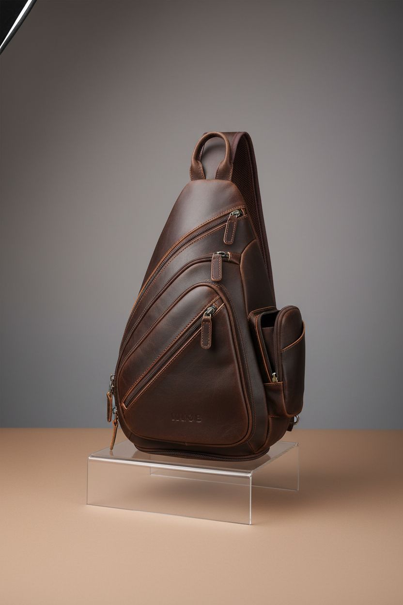 TIDING large leather sling bag showcased in a studio, highlighting its premium features.