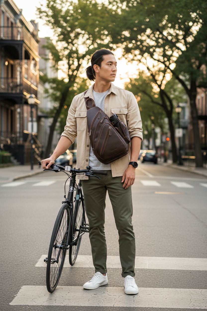 TIDING full grain leather sling bag worn while biking on a tree-lined avenue.