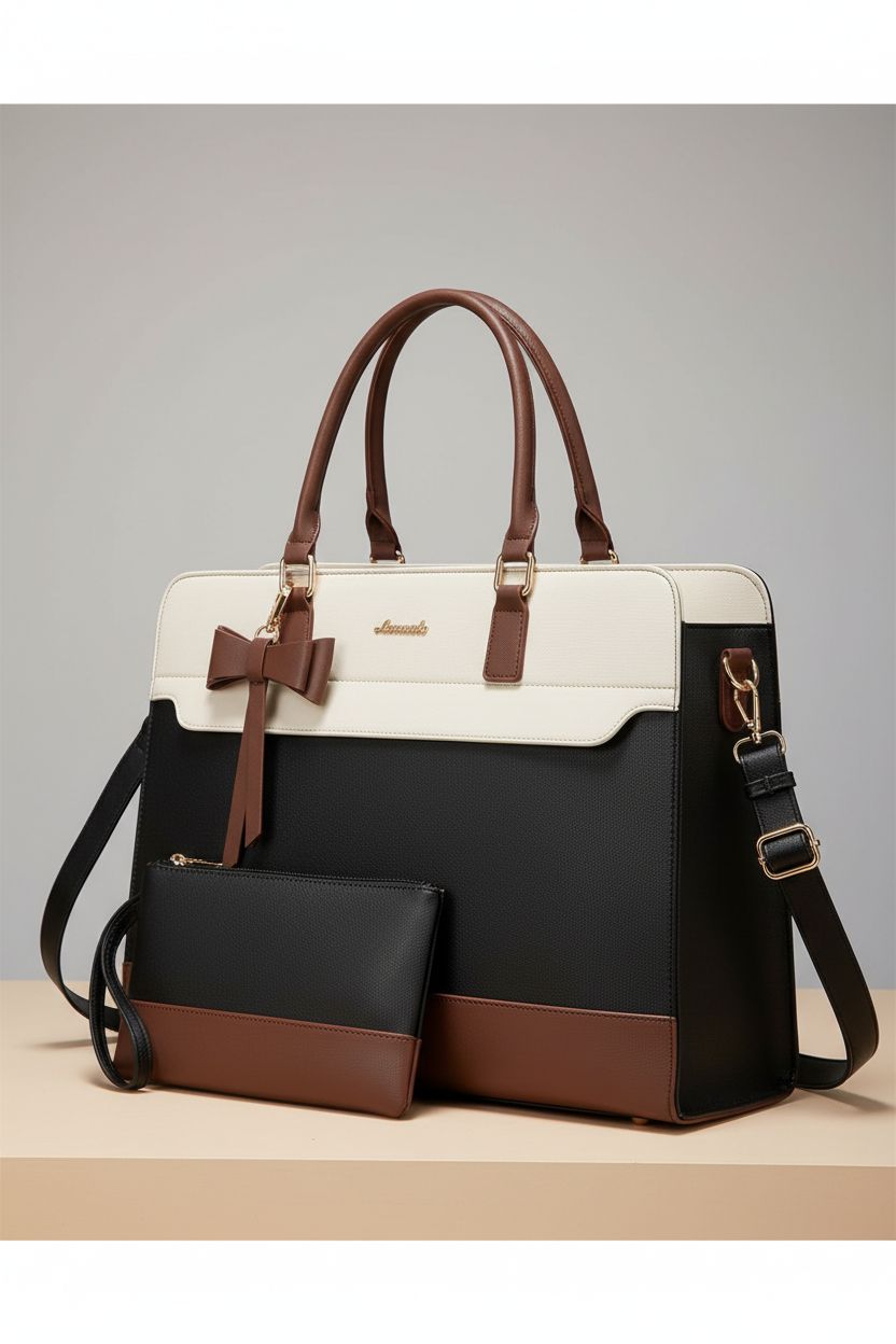 LOVEVOOK Laptop Tote Bag displayed with detachable pouch, featuring detailed craftsmanship