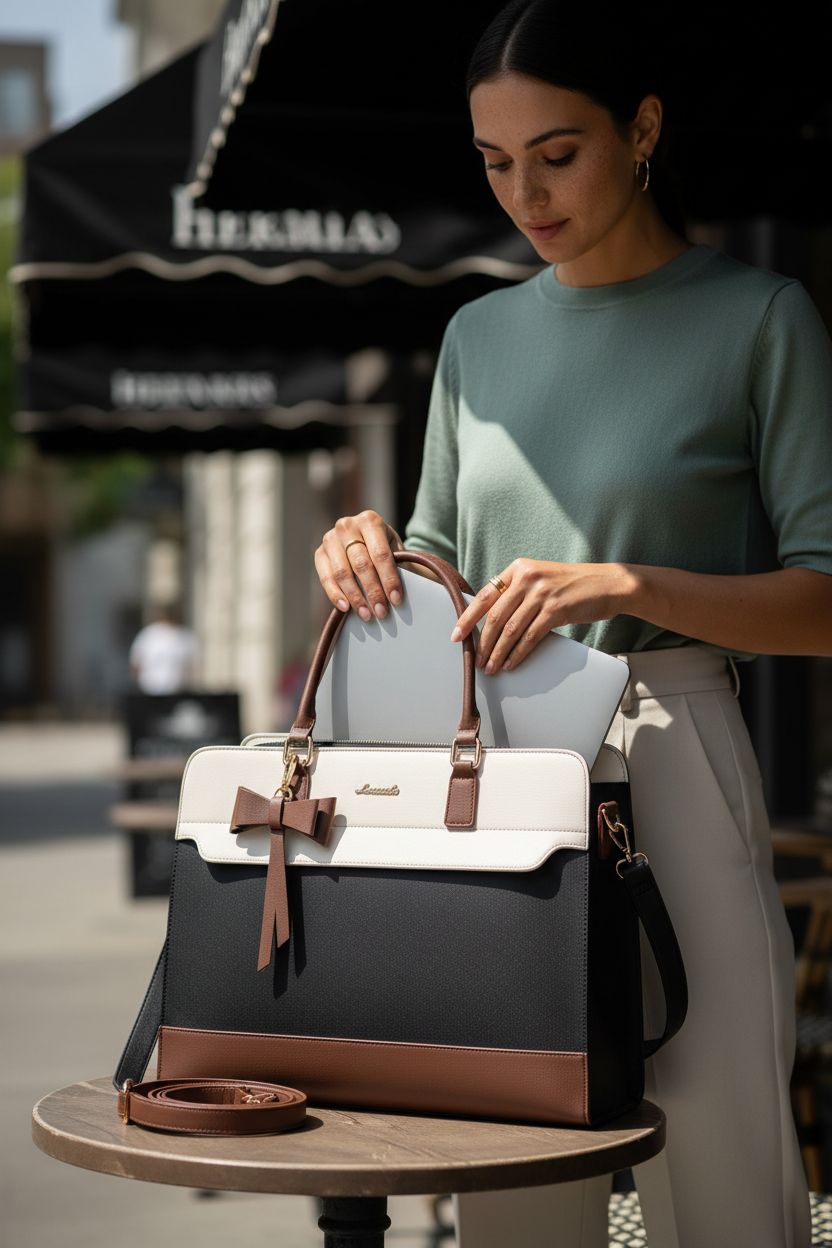 LOVEVOOK Laptop Tote Bag in a café, showcasing organized pockets and laptop compartment