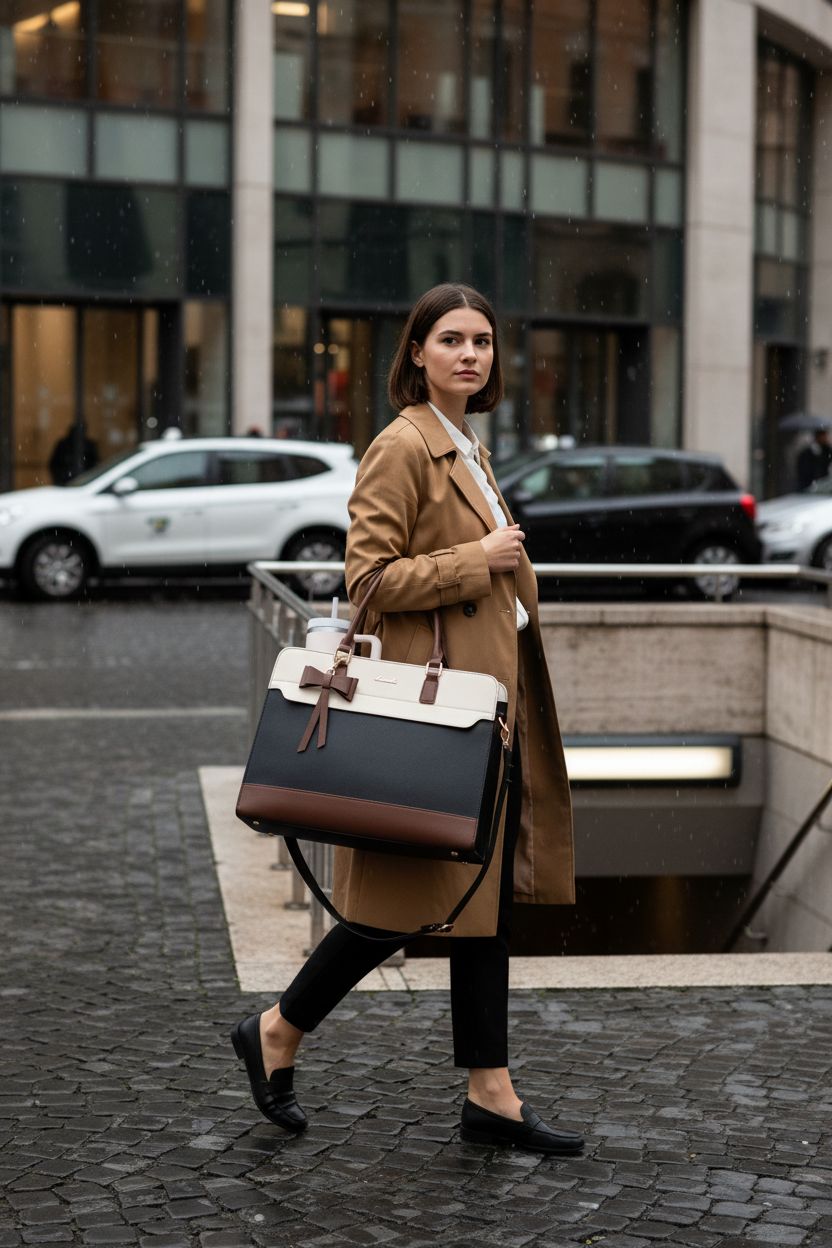LOVEVOOK Large Tri-tone Purse in the rain, demonstrating elegant crossbody style and design