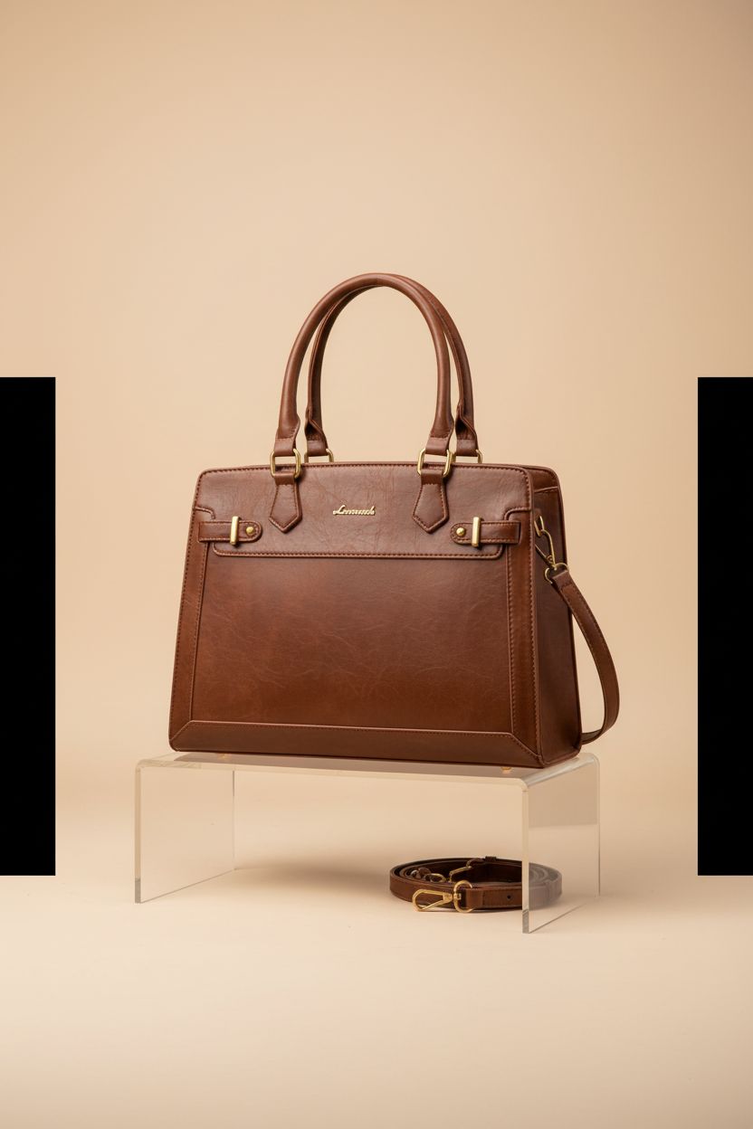 LOVEVOOK large satchel bag displayed on acrylic, showcasing its design and quality in brown leather.