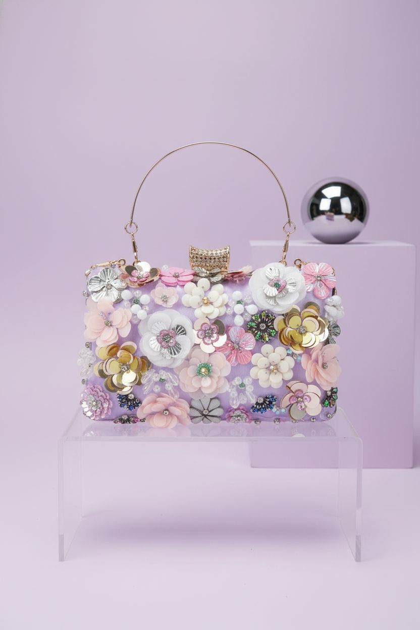 Fecialy lavender floral purse on a lilac backdrop highlighting its satin and rhinestones.