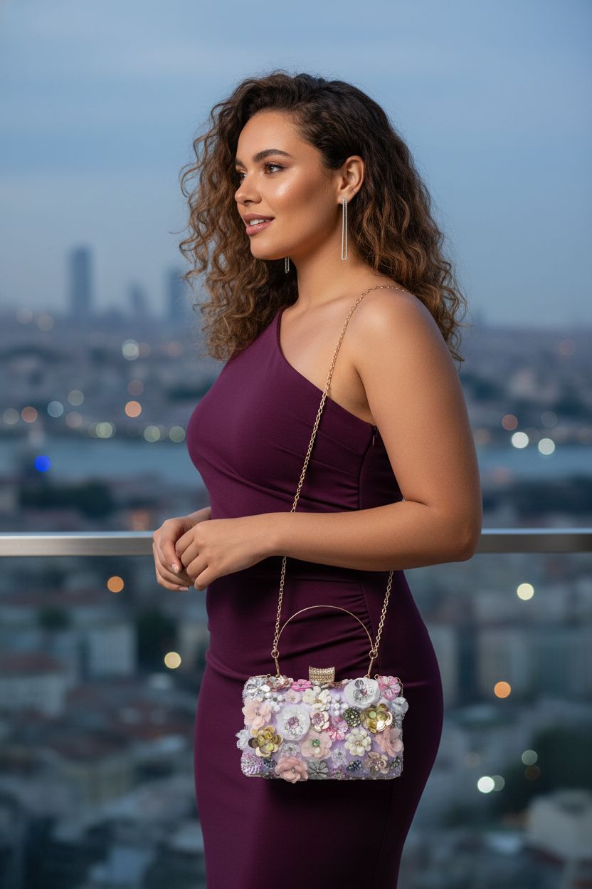 Fecialy pastel lavender purse elegantly styled with a plum dress on a chic balcony.
