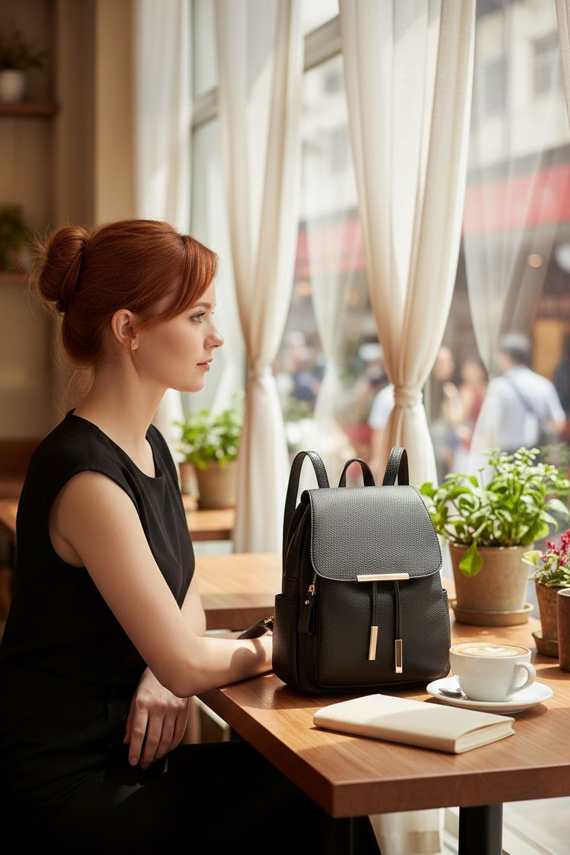 KKXIU black leather backpack purse beside a cappuccino in a cozy café atmosphere.
