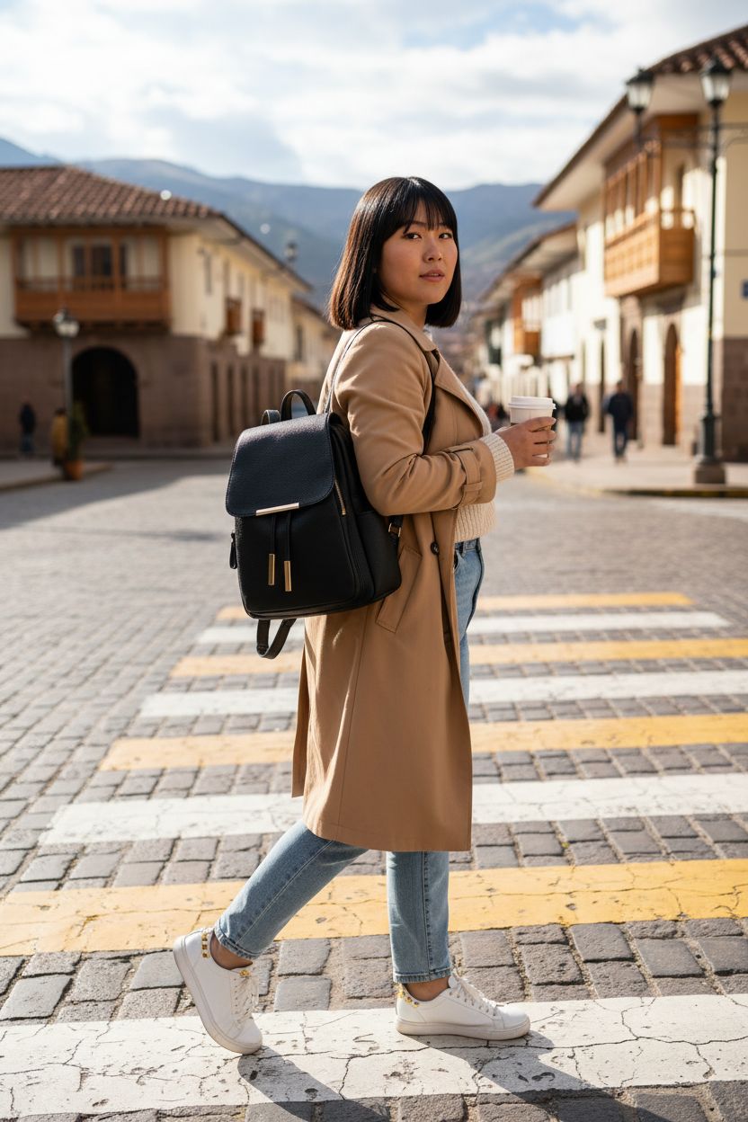 KKXIU black leather backpack purse paired with a trench coat in a sunny setting.