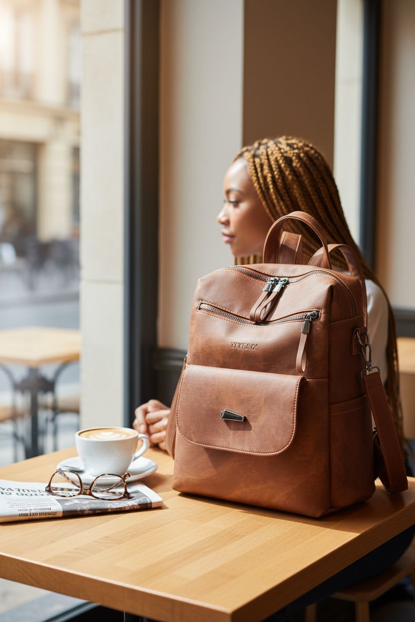 WYFJNX PU leather backpack beside cappuccino, cozy cafe setting for women’s weekend style