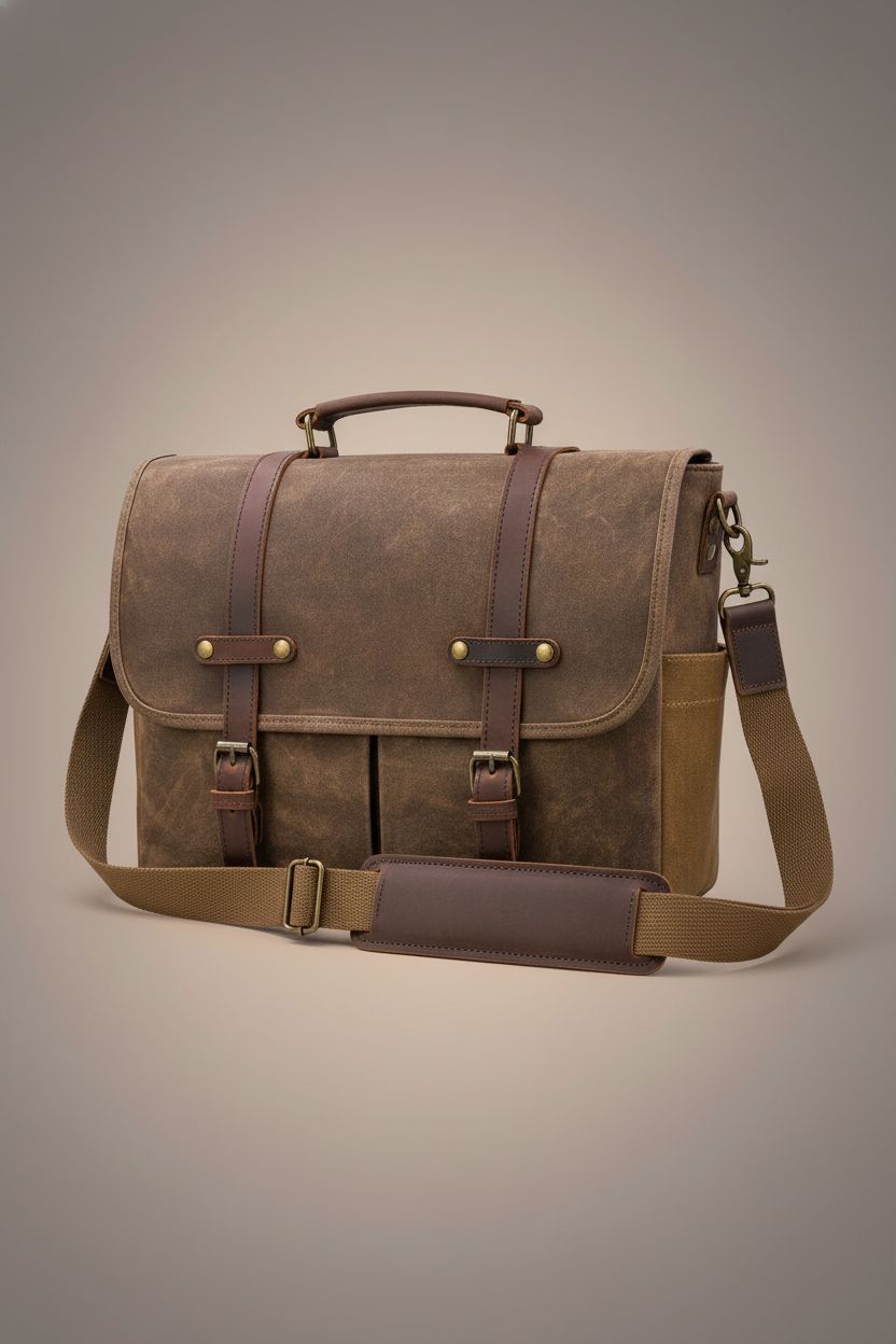 NEWHEY leather messenger bag displayed in studio, showcasing adjustable strap and premium materials.