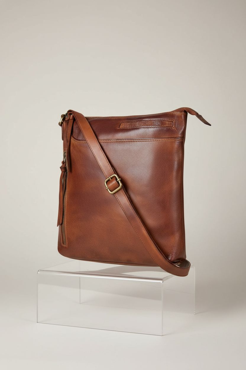 Premium leather crossbody bag by Oak Leathers showcased on a minimalist set.