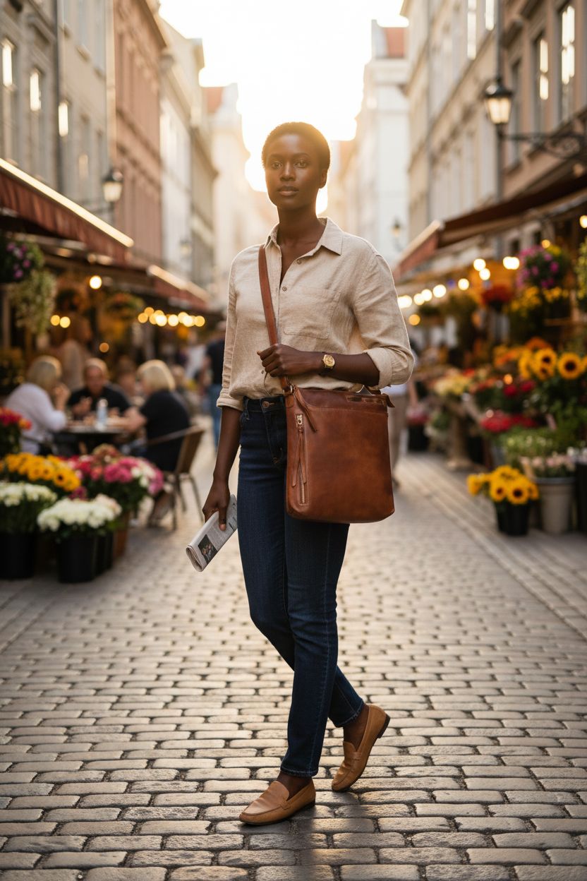 Cognac leather crossbody bag from Oak Leathers shown in a vibrant market setting.