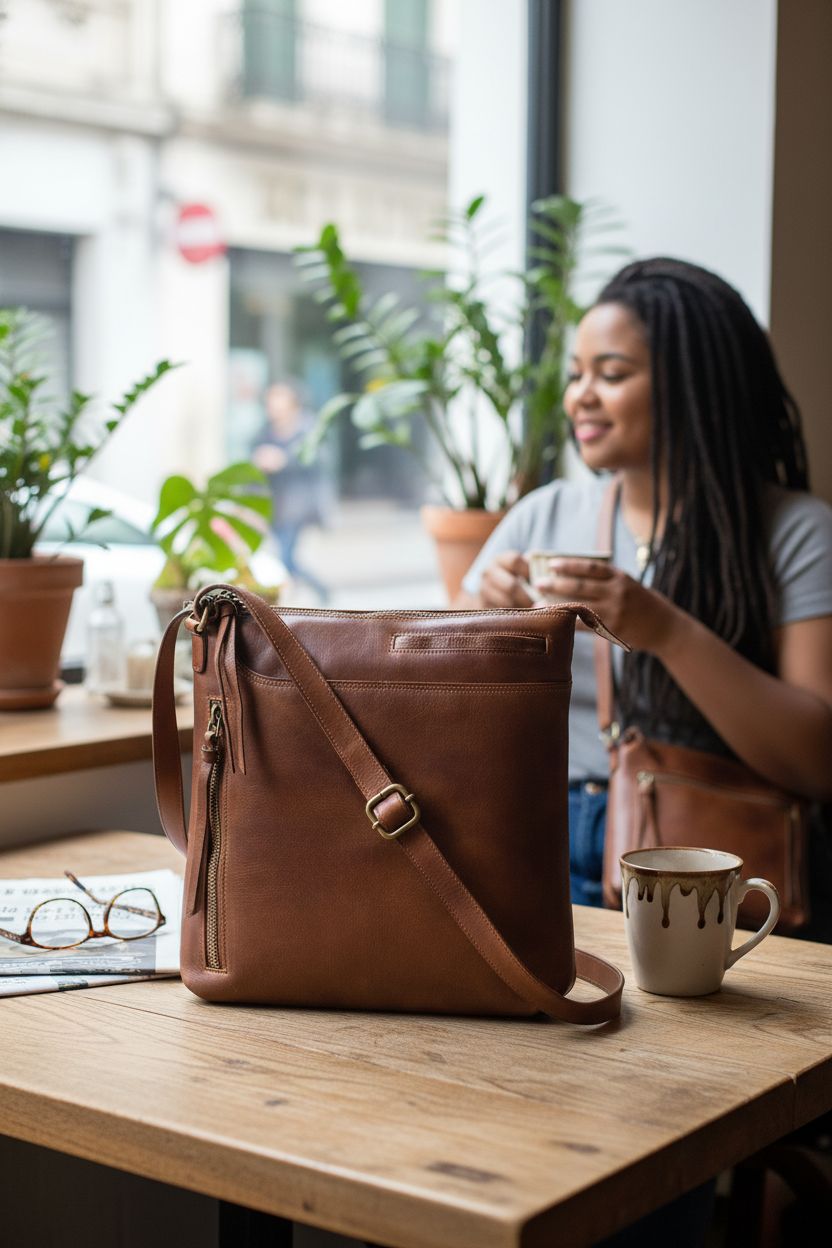 Leather crossbody bag by Oak Leathers resting on a cafe table, highlighting rich texture and cozy ambiance.