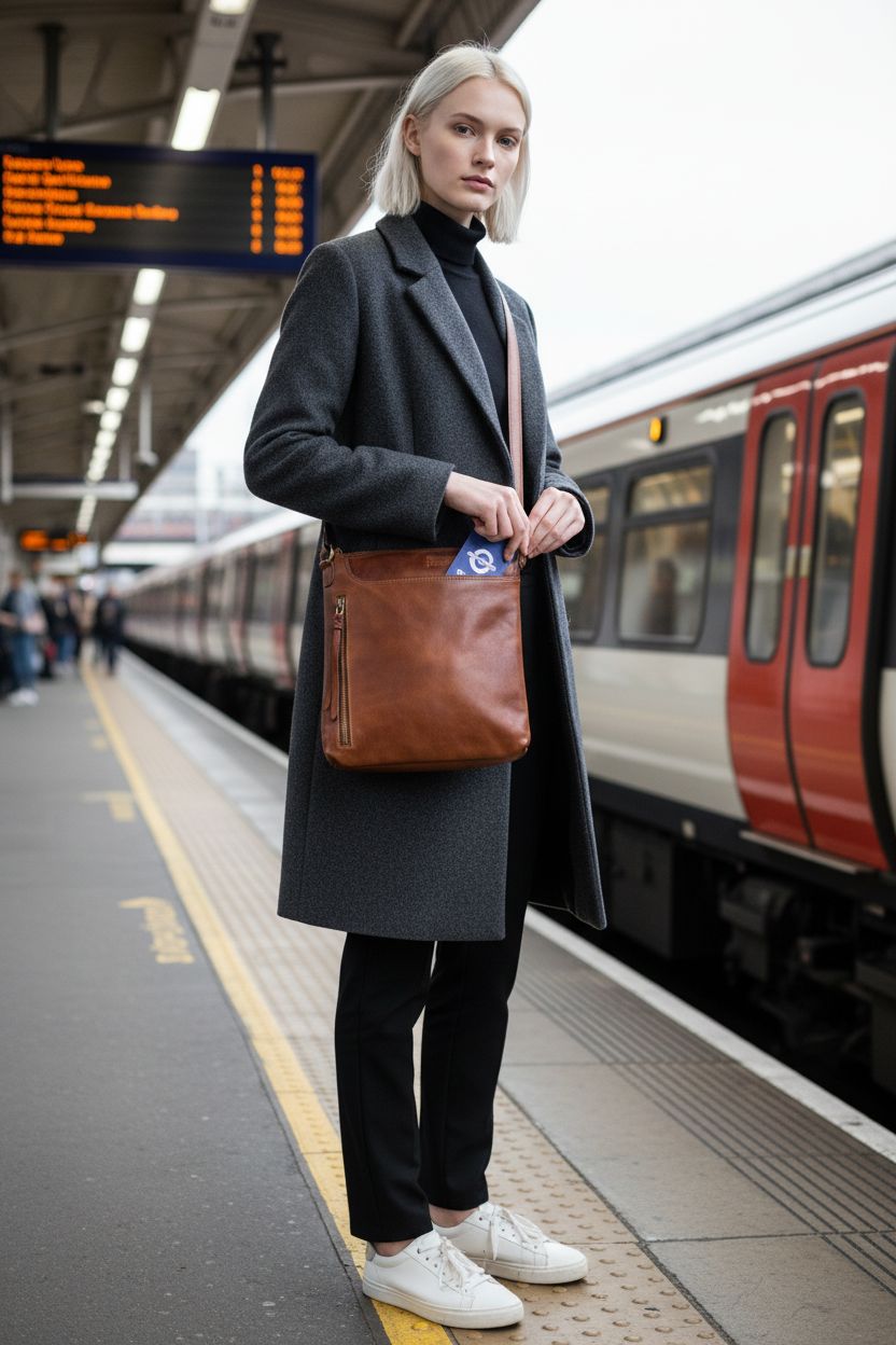 Brown leather crossbody bag by Oak Leathers, showcasing quick access pocket in a commuter setting.