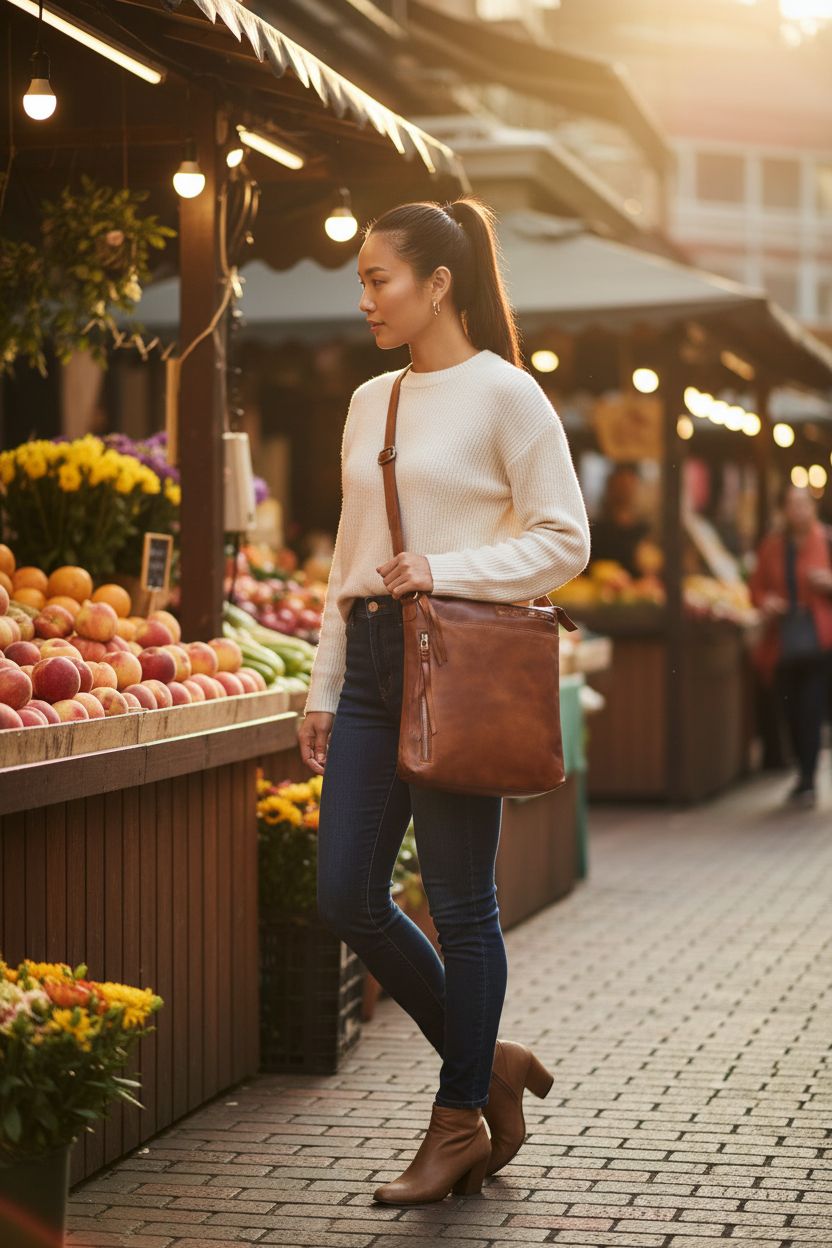 Cognac leather crossbody bag by Oak Leathers, perfect for weekend market strolls with easy access zippers.