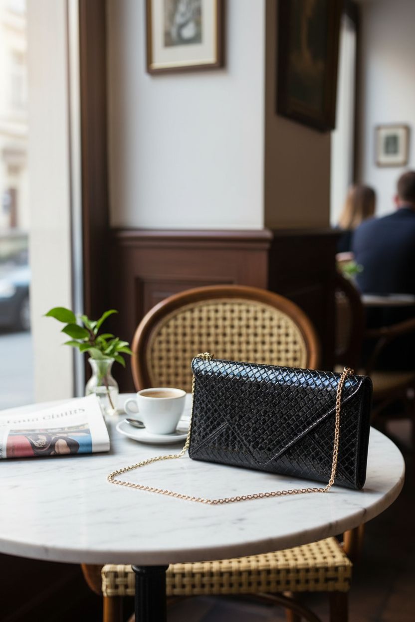 JNB Glossy Black Envelope Clutch on a marble table in a cozy café setting.
