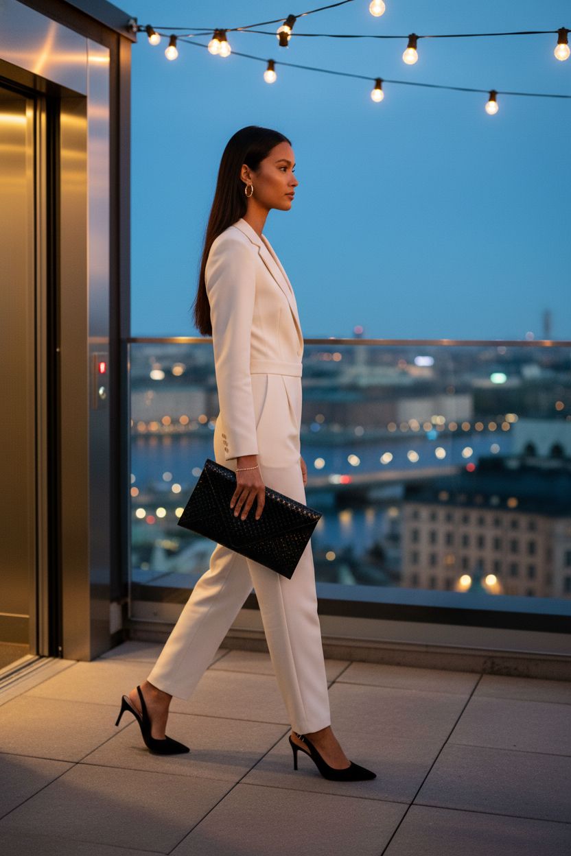 JNB Weaved Faux Patent Leather Glossy Envelope Clutch in black held against a chic urban backdrop.
