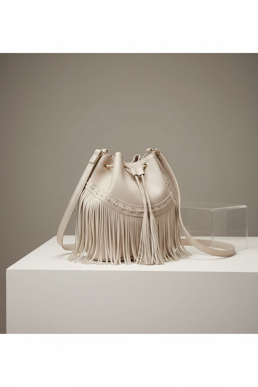 Product image of Gladdon white leather fringe bucket purse on a minimalist display, showcasing its premium quality and design.