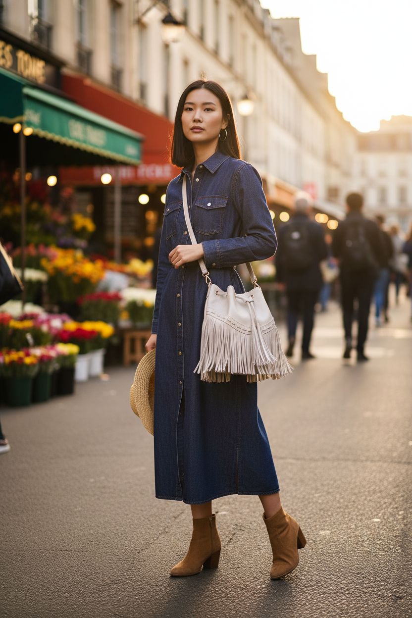 Gladdon white leather fringe purse swinging crossbody at a market, highlighting its chic design and versatility.