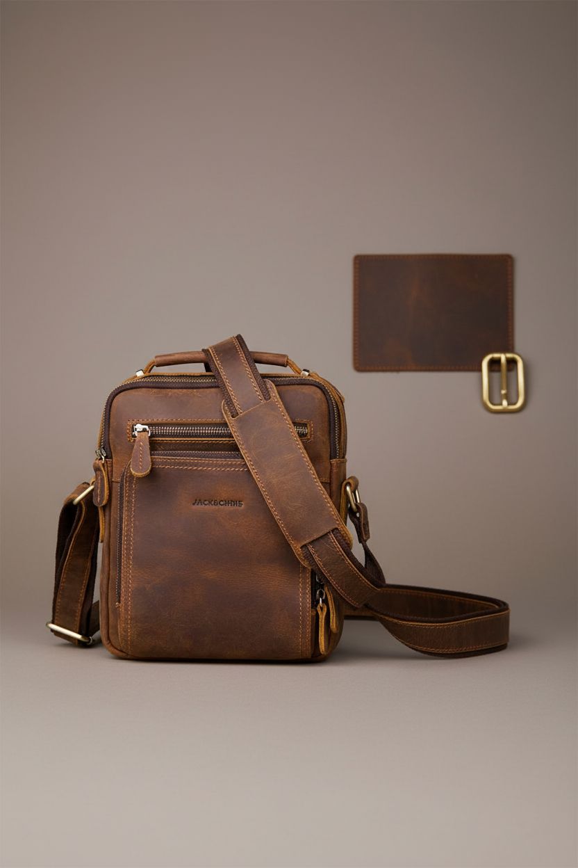 Detailed view of Jack&Chris brown leather bag showcasing stitching and buckle