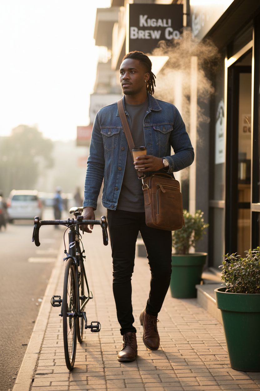 Jack&Chris brown leather messenger bag on a cyclist against blue and charcoal attire