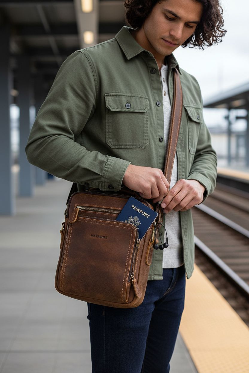 Jack&Chris brown leather crossbody bag on a traveler at a train platform