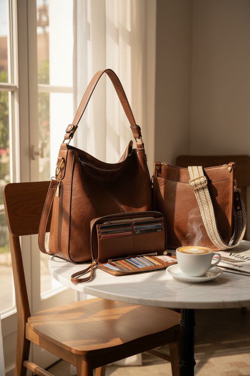 BAVERGE leather purse set displayed in a cozy café ambiance, showcasing elegant design.