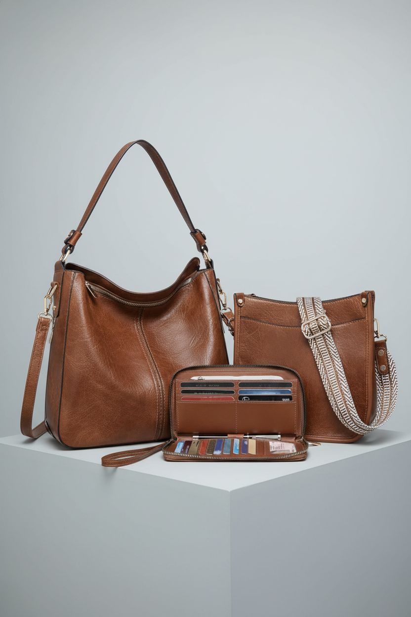 BAVERGE leather purse set on a clean studio backdrop, highlighting quality craftsmanship.