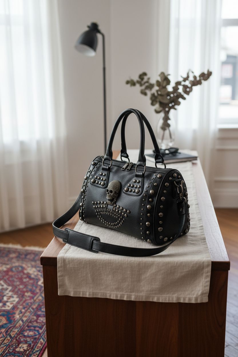 AlwaySky black leather skull purse elegantly displayed in a boutique setting, exuding boho-goth vibes.