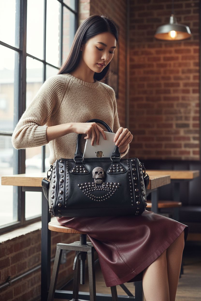 AlwaySky leather skull purse in black with studs, showcased in a café, ideal for stylish outings.