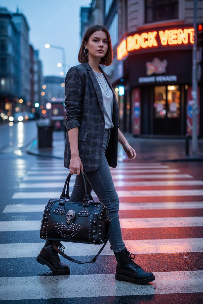 AlwaySky gothic skull tote purse highlighted under neon lights, perfect for a night out.