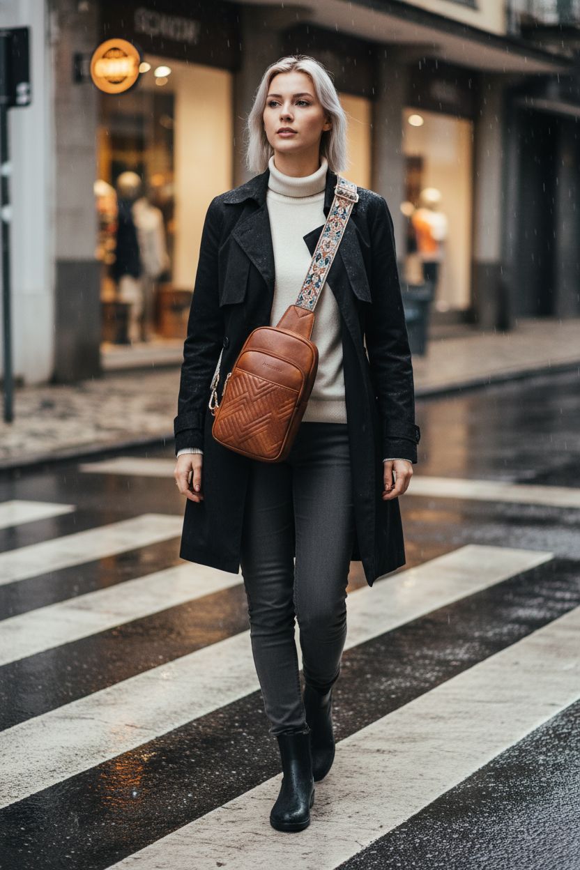 BOSTANTEN quilted leather sling bag worn crossbody with guitar strap in urban setting