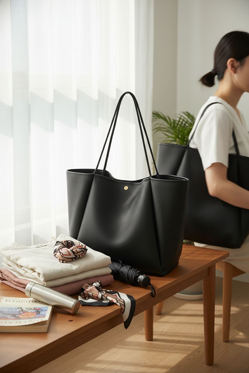 HOXIS oversized leather tote bag resting beside travel essentials, ideal for weekend getaways.