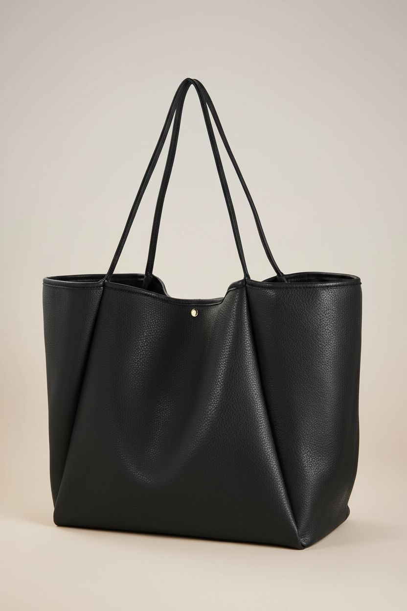 Product shot of HOXIS black leather tote bag, highlighting its elegant design and spacious interior.