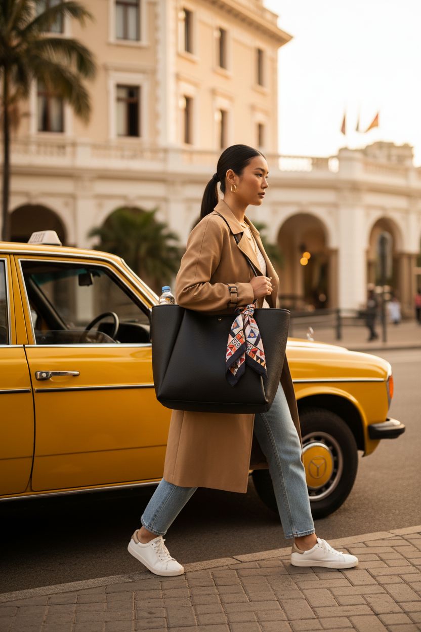 HOXIS black leather tote bag showcased with a scarf and water bottle, perfect for daily use.