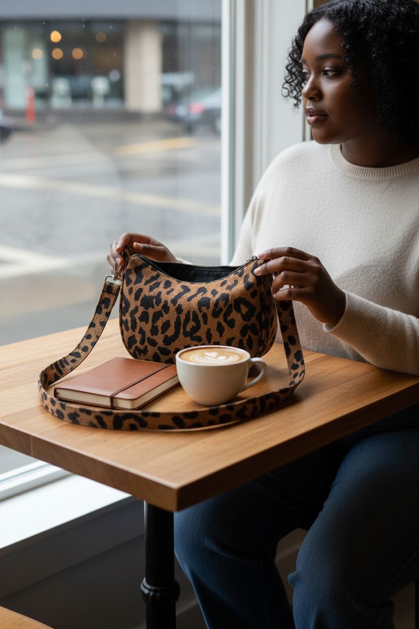 FITDON leopard crossbody bag resting beside a mug in a cozy café setting.