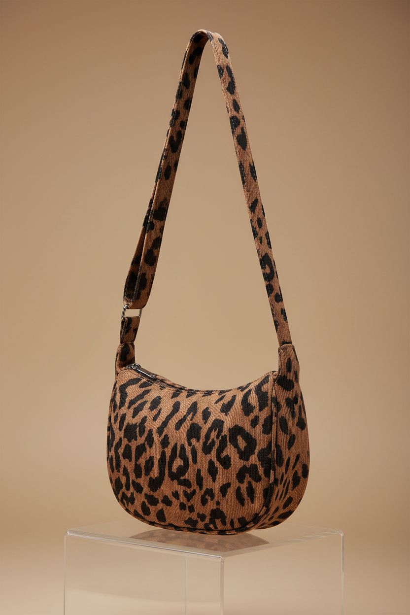 FITDON leopard crossbody bag showcased on a minimal studio backdrop, highlighting details.