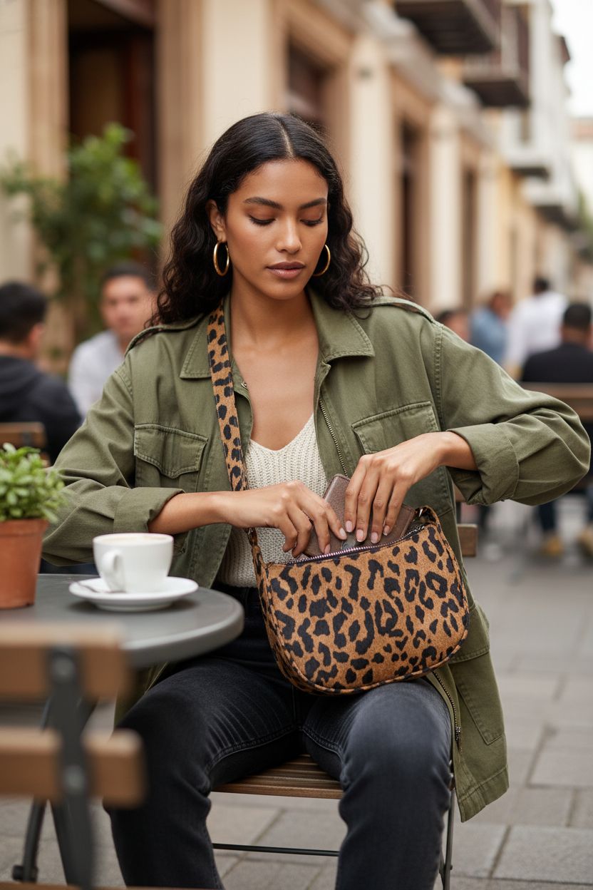 FITDON leopard crossbody bag in use, showcasing zipper access and stylish design.
