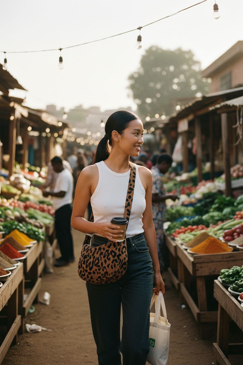 FITDON leopard crossbody bag worn at the hip in a vibrant market setting.