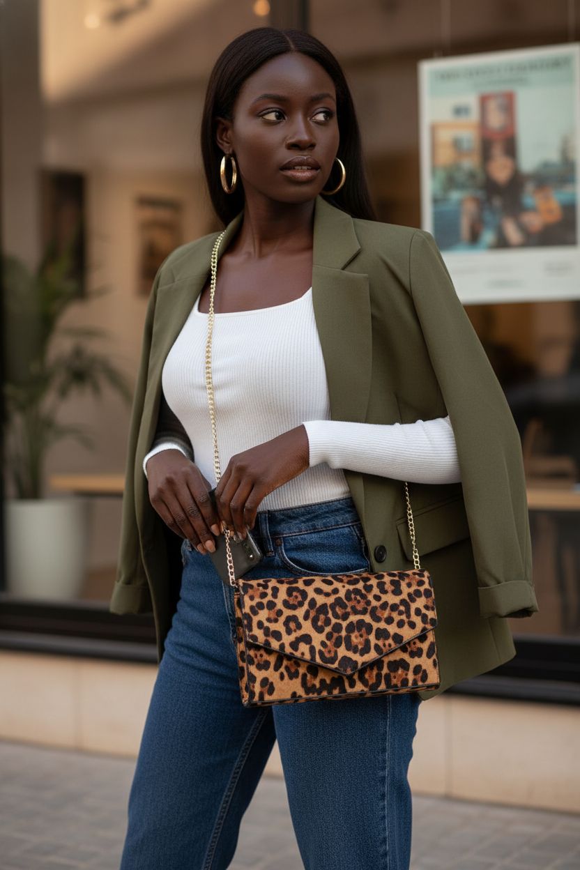 HOXIS leopard print clutch in a Marrakech café, paired with a chic white blouse and indigo jeans.