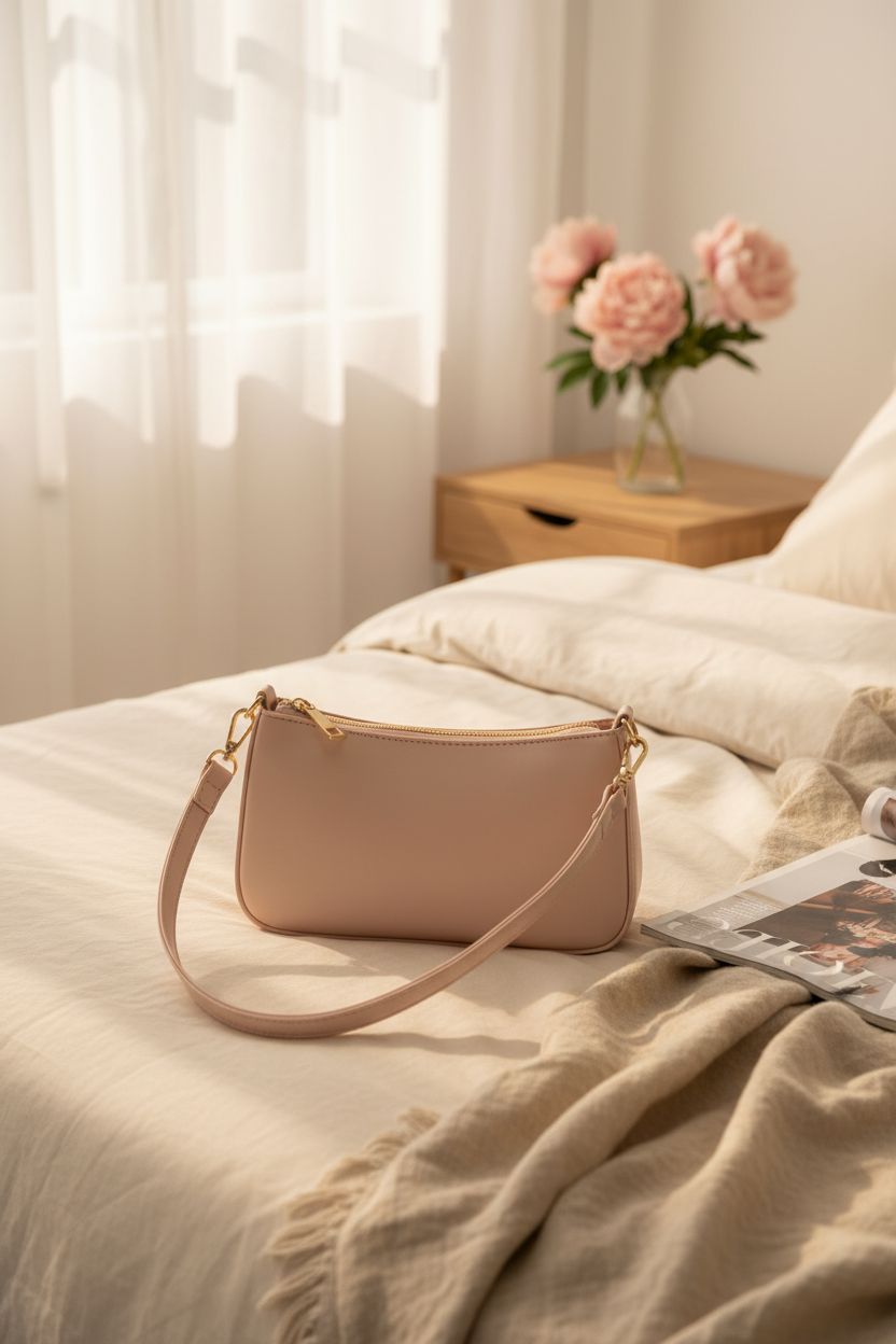 NIUEIMEE ZHOU light pink hobo on a cozy bed with peonies and magazine