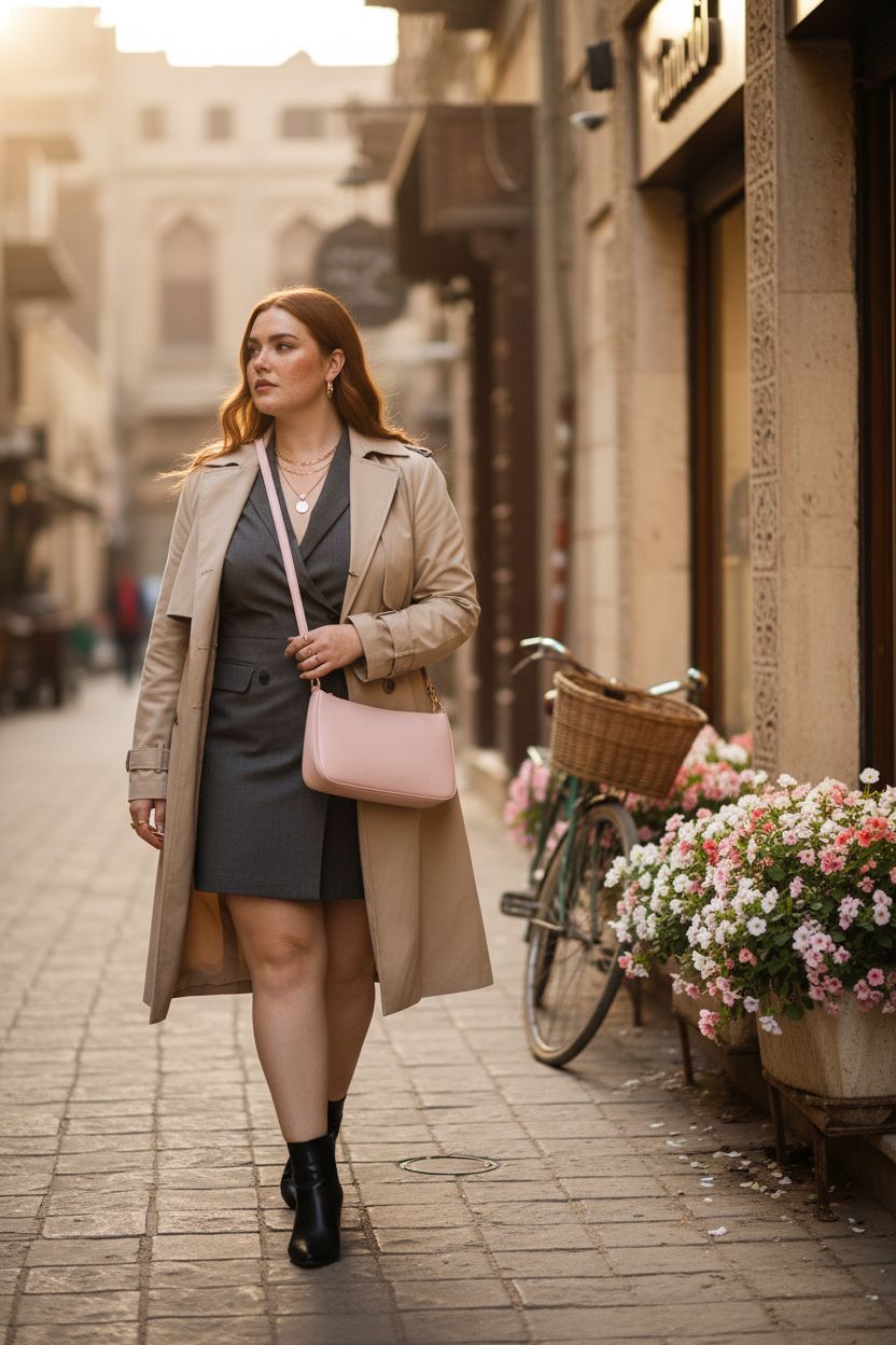 NIUEIMEE ZHOU light pink purse under arm in retro setting with a charcoal dress