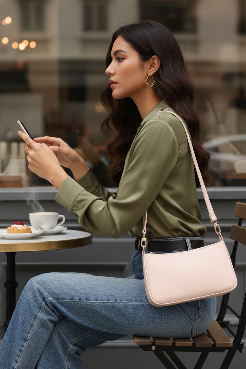 Light pink hobo bag resting crossbody on a café terrace with stylish outfit