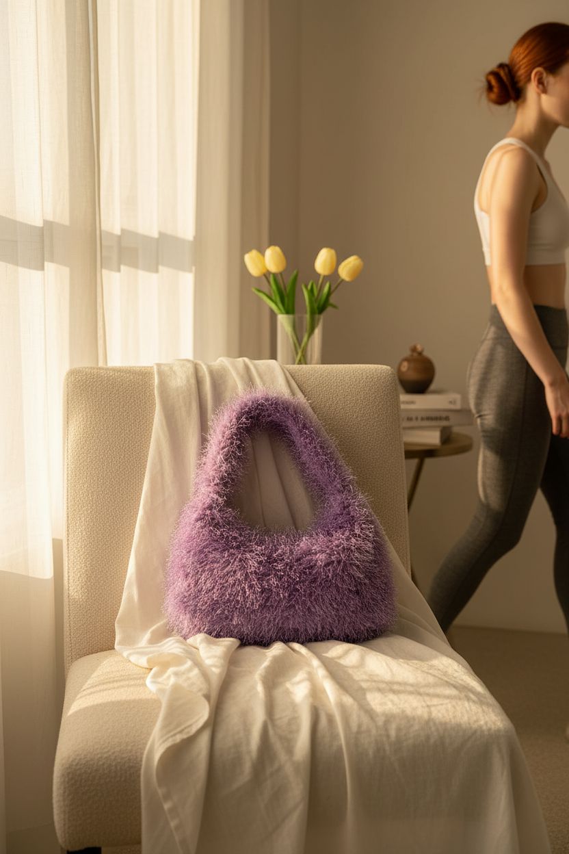 Cozy morning scene with MZE JPLAN lavender faux-fur bag on a boucle chair