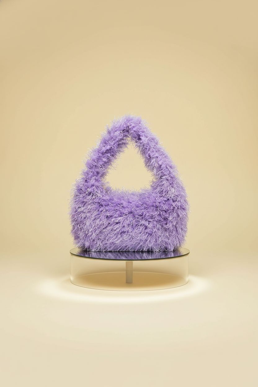 Product shot of MZE JPLAN lavender faux-fur hobo bag on a pale backdrop