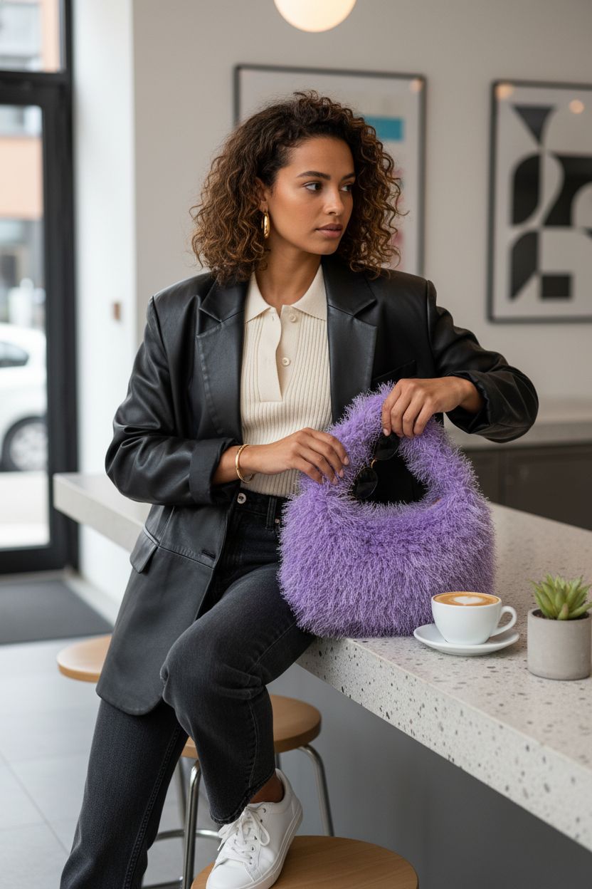 Lavender plush handbag underarm at a minimalist café, showcasing MZE JPLAN's design