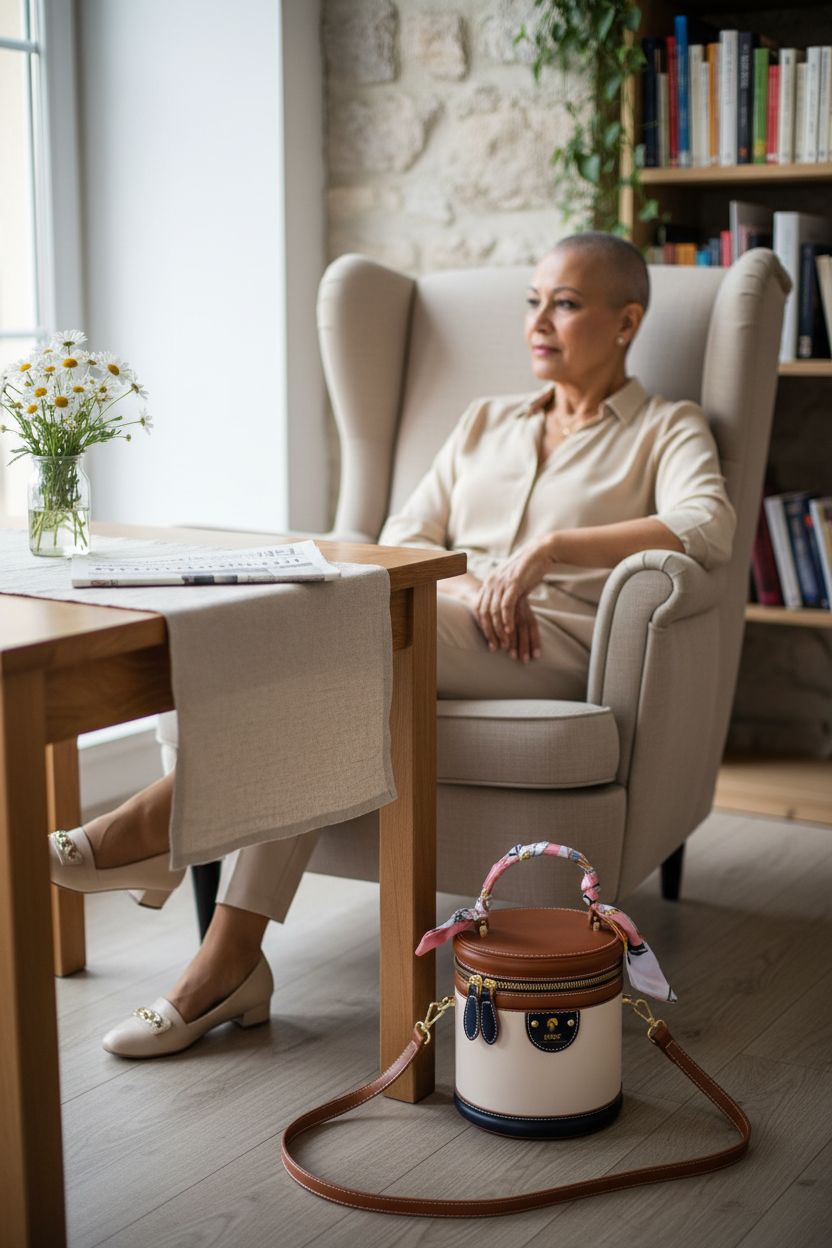 EHWZ bucket purse resting in a cozy reading nook, showcasing its elegant design for seniors.