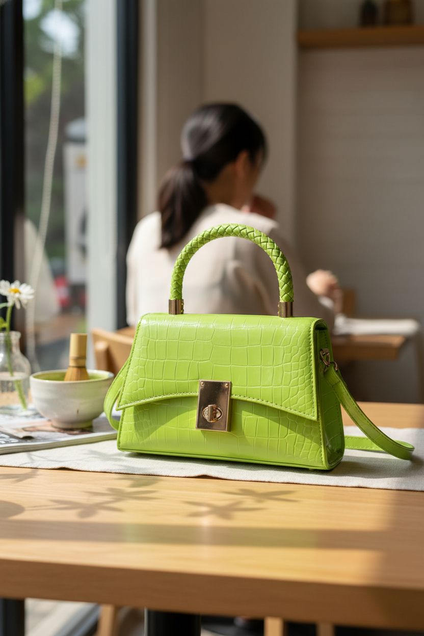 JHVYF lime green purse on a café table, radiating a cozy, relaxed morning vibe with matcha
