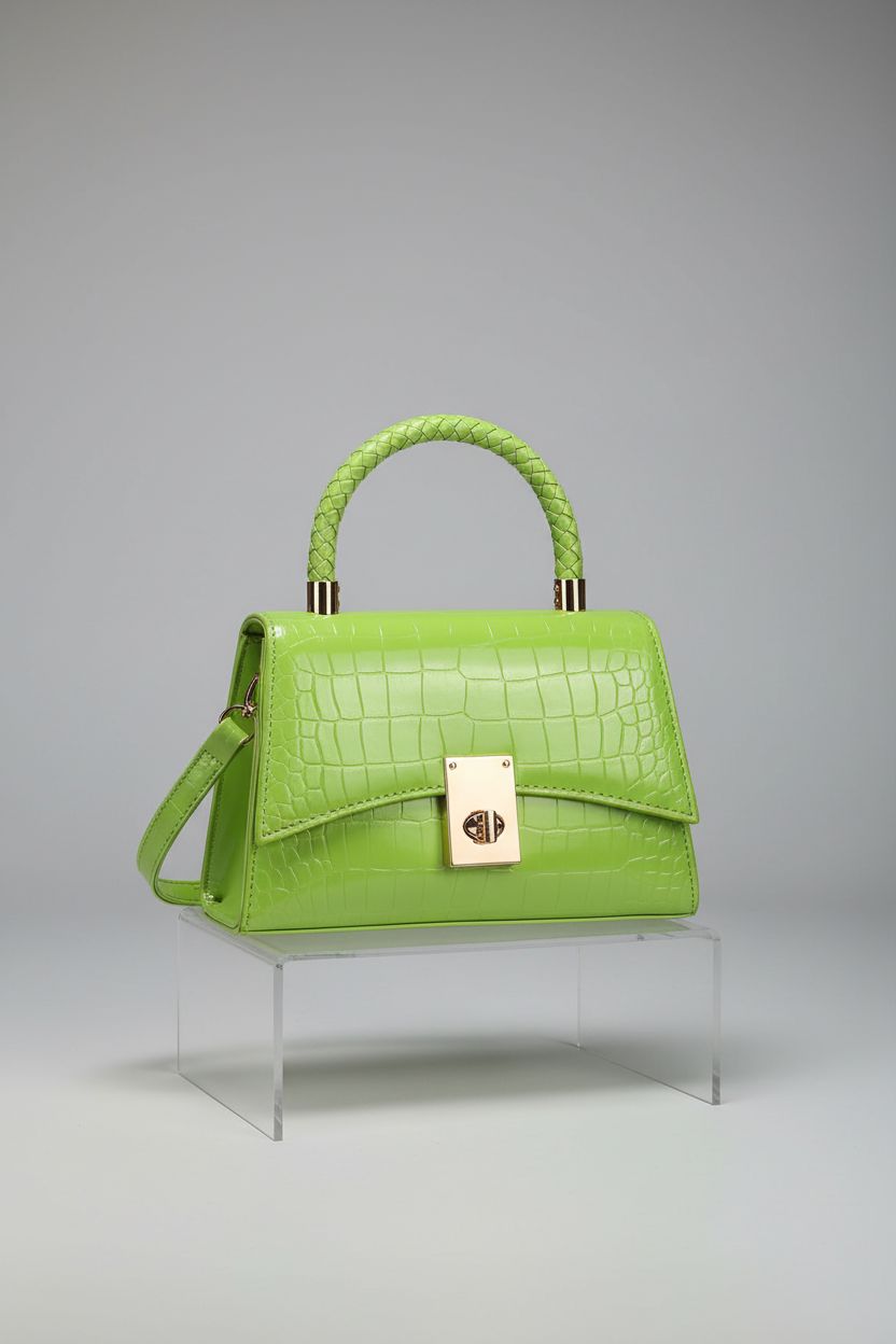 Close-up of JHVYF lime green croc-embossed purse on acrylic riser, showcasing its elegant design